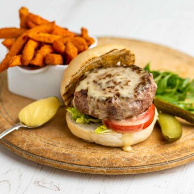 Chilli & Garlic Beef Burger Topped With Winslade Cheese And Fries