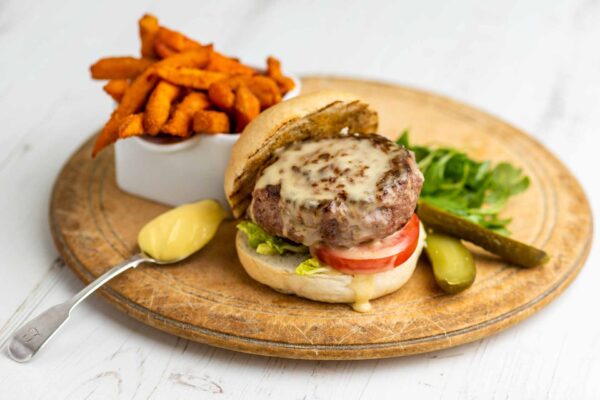 Chilli & Garlic Beef Burger Topped With Winslade Cheese And Fries