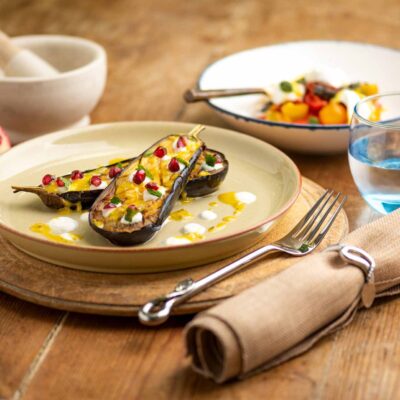 Cold Pressed Oil Aubergine, Pomegranate And Tahini Yoghurt