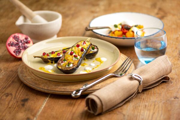 Cold Pressed Oil Aubergine, Pomegranate And Tahini Yoghurt