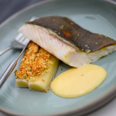 Cornish Plaice With Charred Leeks, Hazelnut Crumble And Oyster Mayonnaise