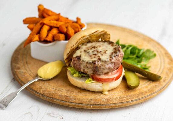 Chilli & Garlic Beef Burger Topped With Winslade Cheese And Fries