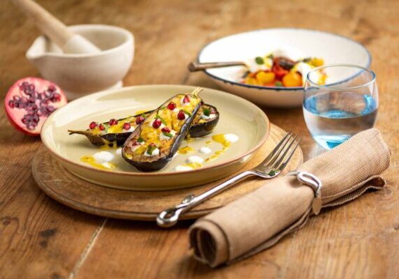 Cold Pressed Oil Aubergine, Pomegranate And Tahini Yoghurt